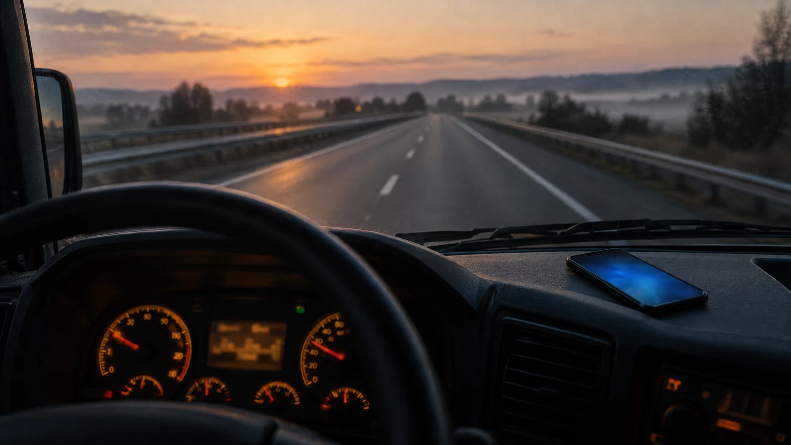 A truck dashboard odometer glowing softly at dawn with a smartphone resting nearby