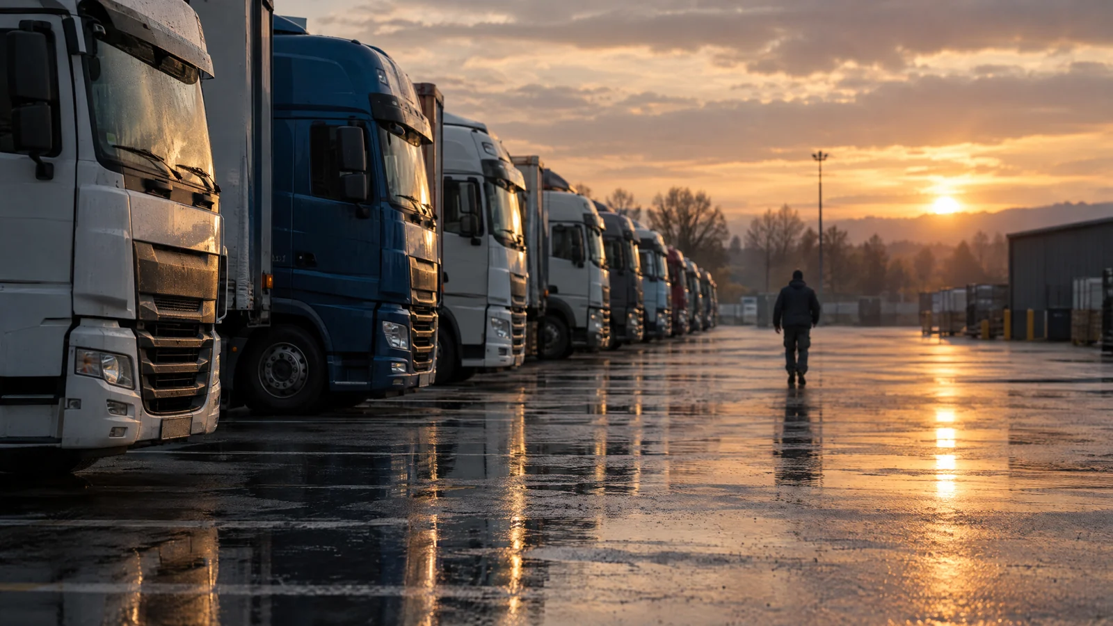 A row of parked trucks in a haulage yard in early morning light