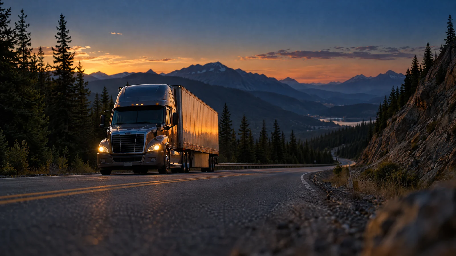 A long-haul truck on a mountain road at dusk seen from a low angle